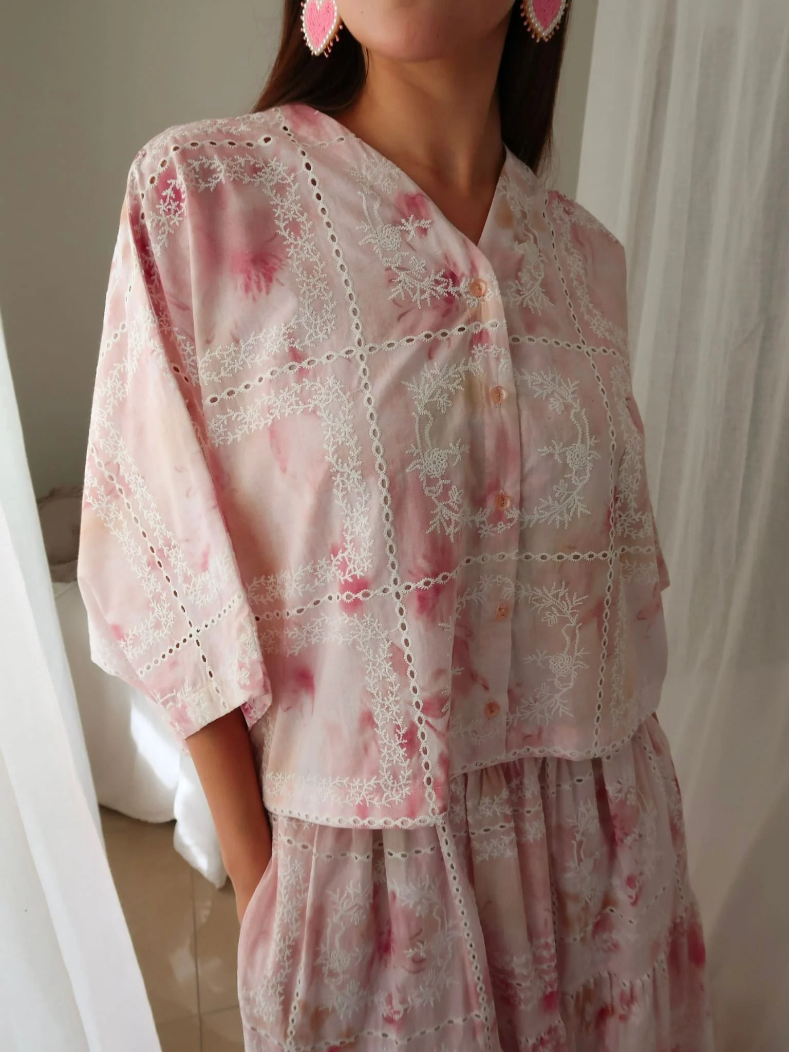 Rosalind Pink Embroidered Cutwork Shirt - Image 11