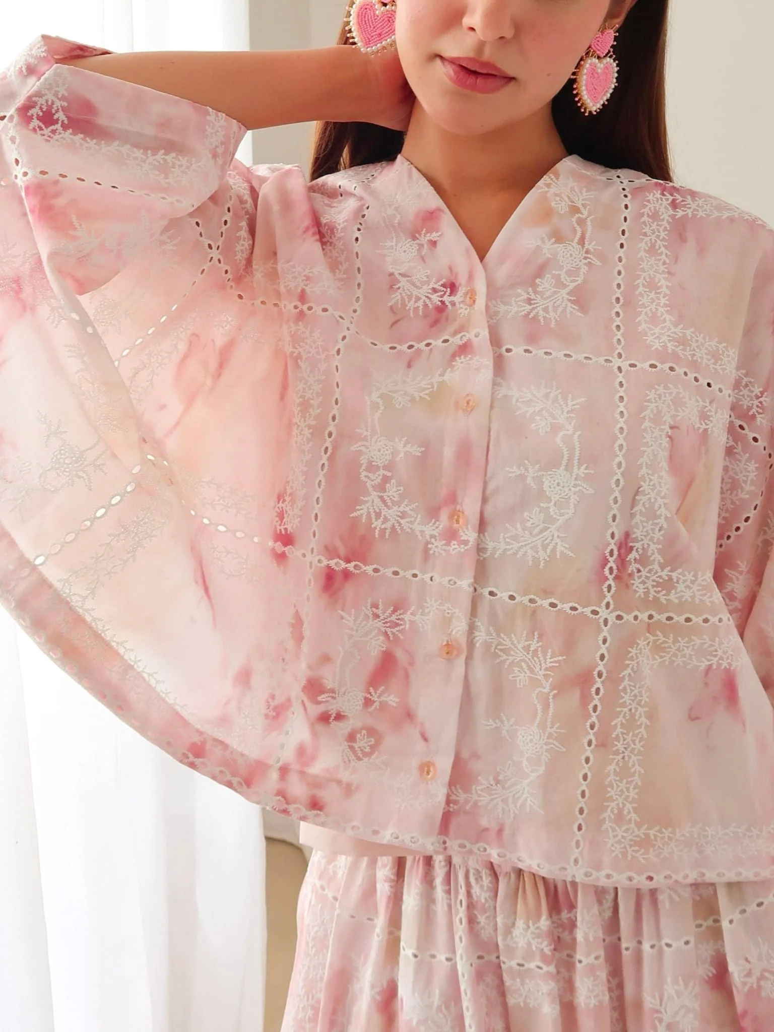Rosalind Pink Embroidered Cutwork Shirt - Image 3