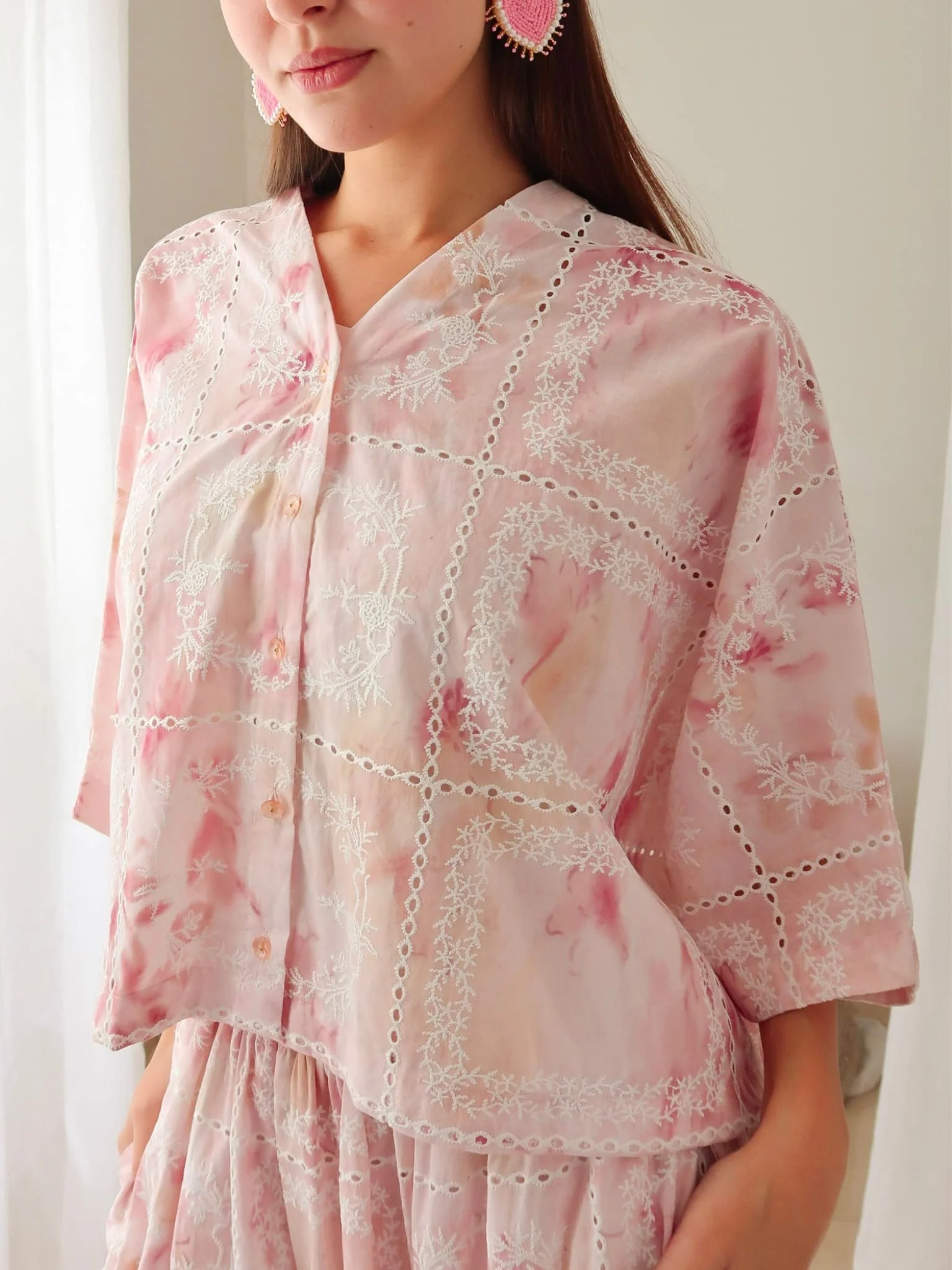 Rosalind Pink Embroidered Cutwork Shirt - Image 9