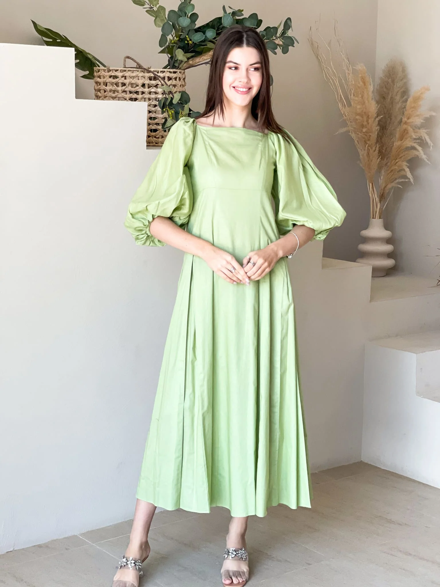 Ruby Green Box Pleat Long Dress - Image 5