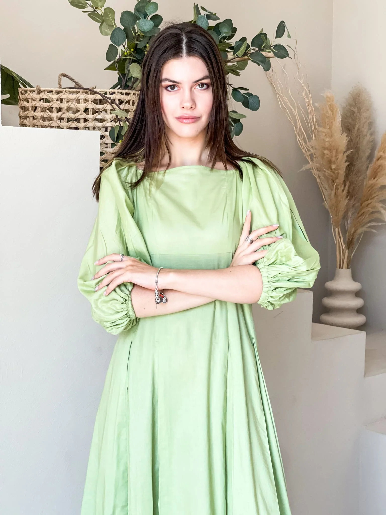 Ruby Green Box Pleat Long Dress - Image 7
