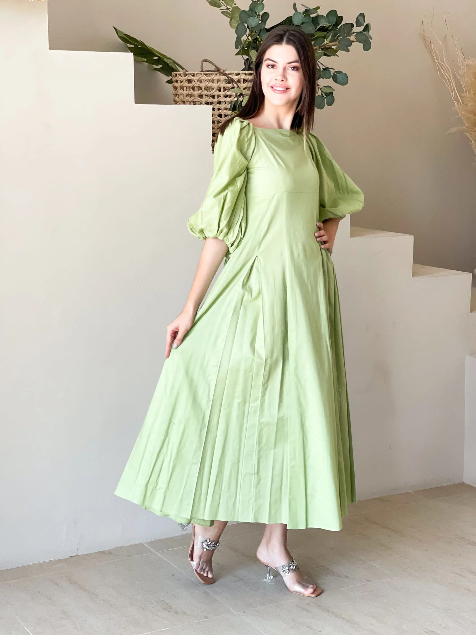 Ruby Green Box Pleat Long Dress - Image 9