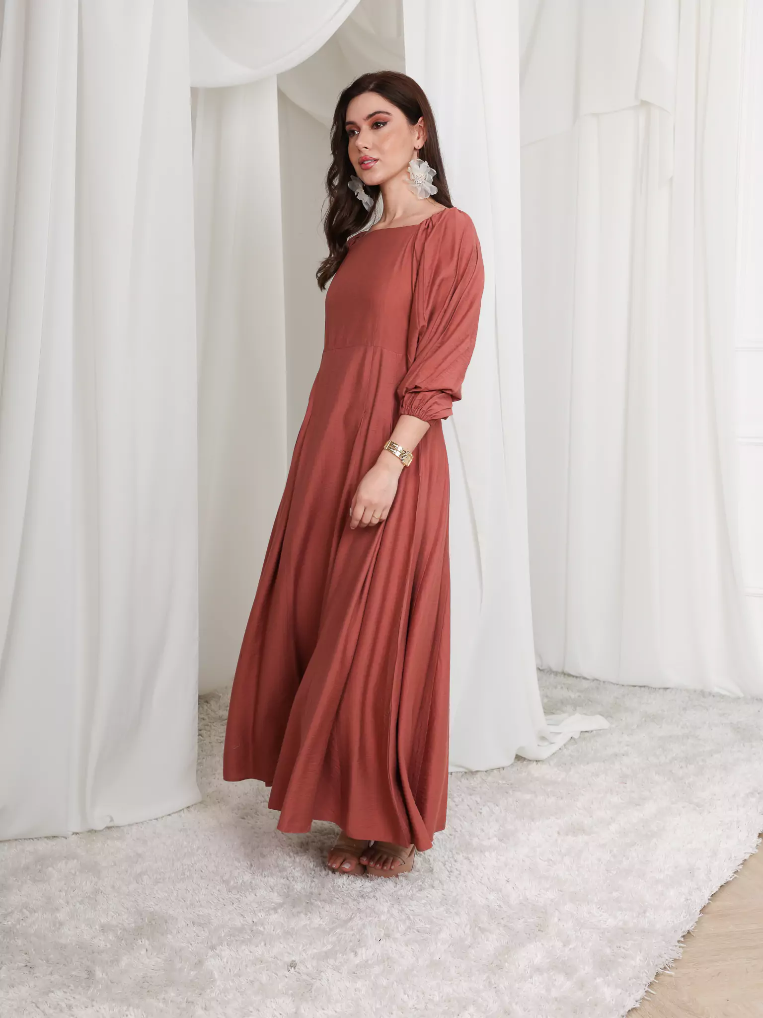 Rustic Ruby Box Pleat Long Dress - Image 3