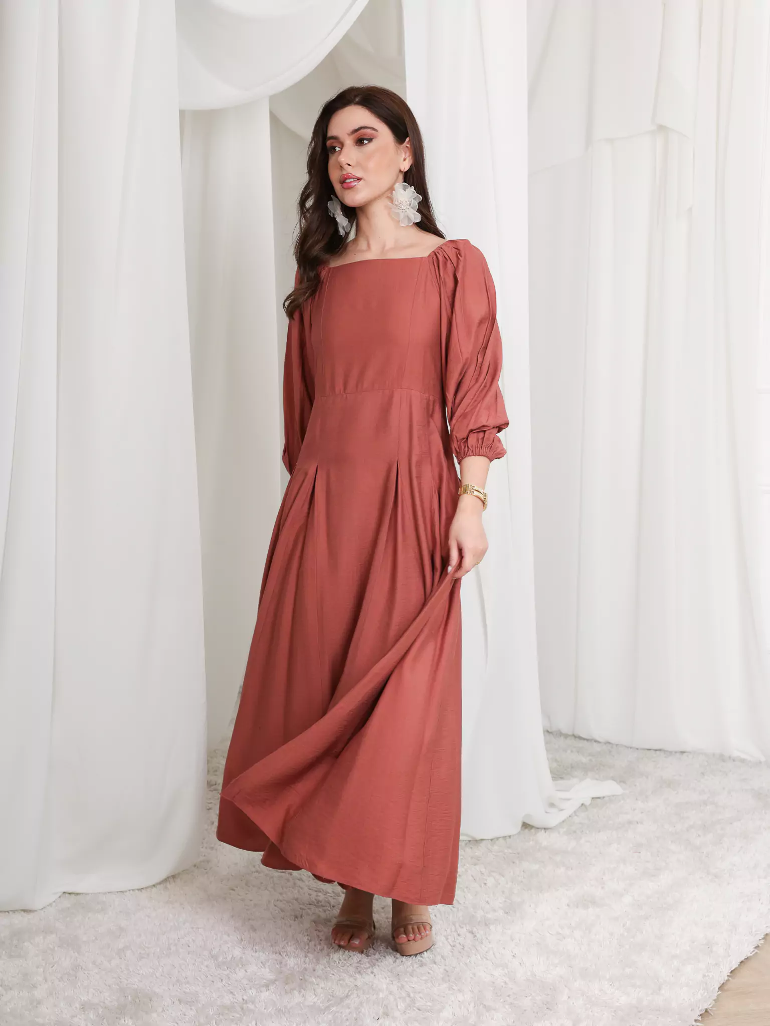Rustic Ruby Box Pleat Long Dress - Image 5
