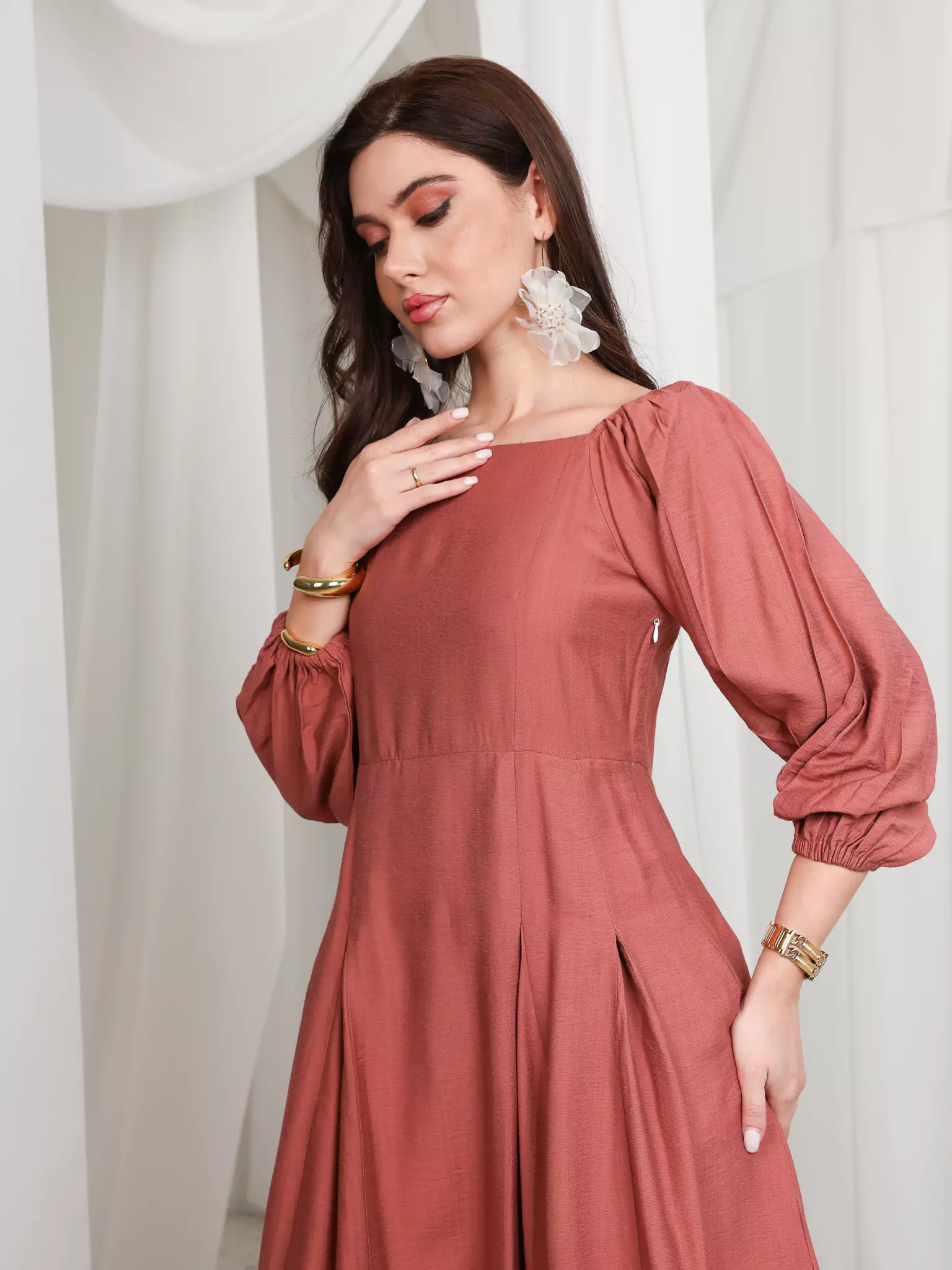 Rustic Ruby Box Pleat Long Dress - Image 6