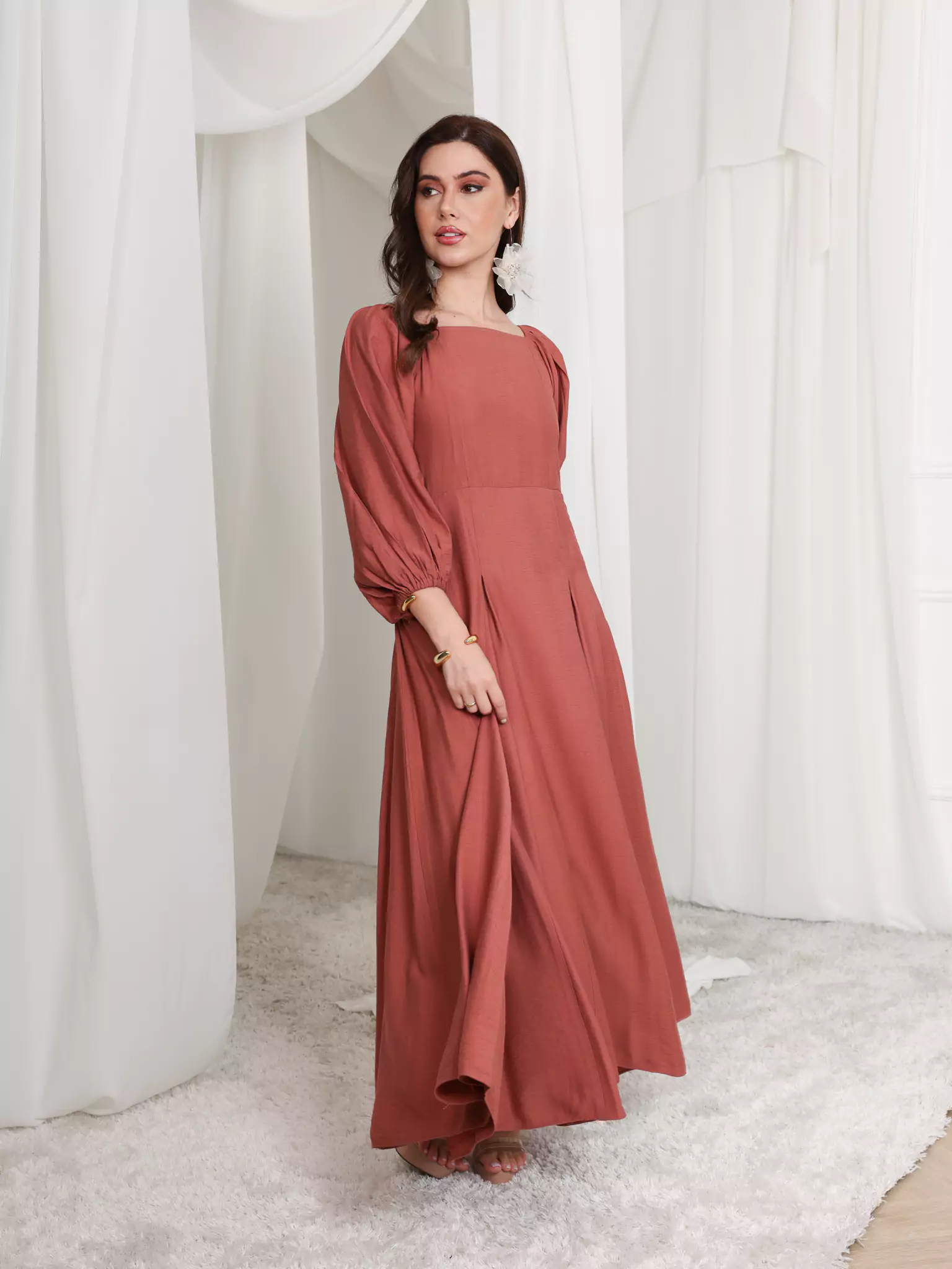 Rustic Ruby Box Pleat Long Dress - Image 7