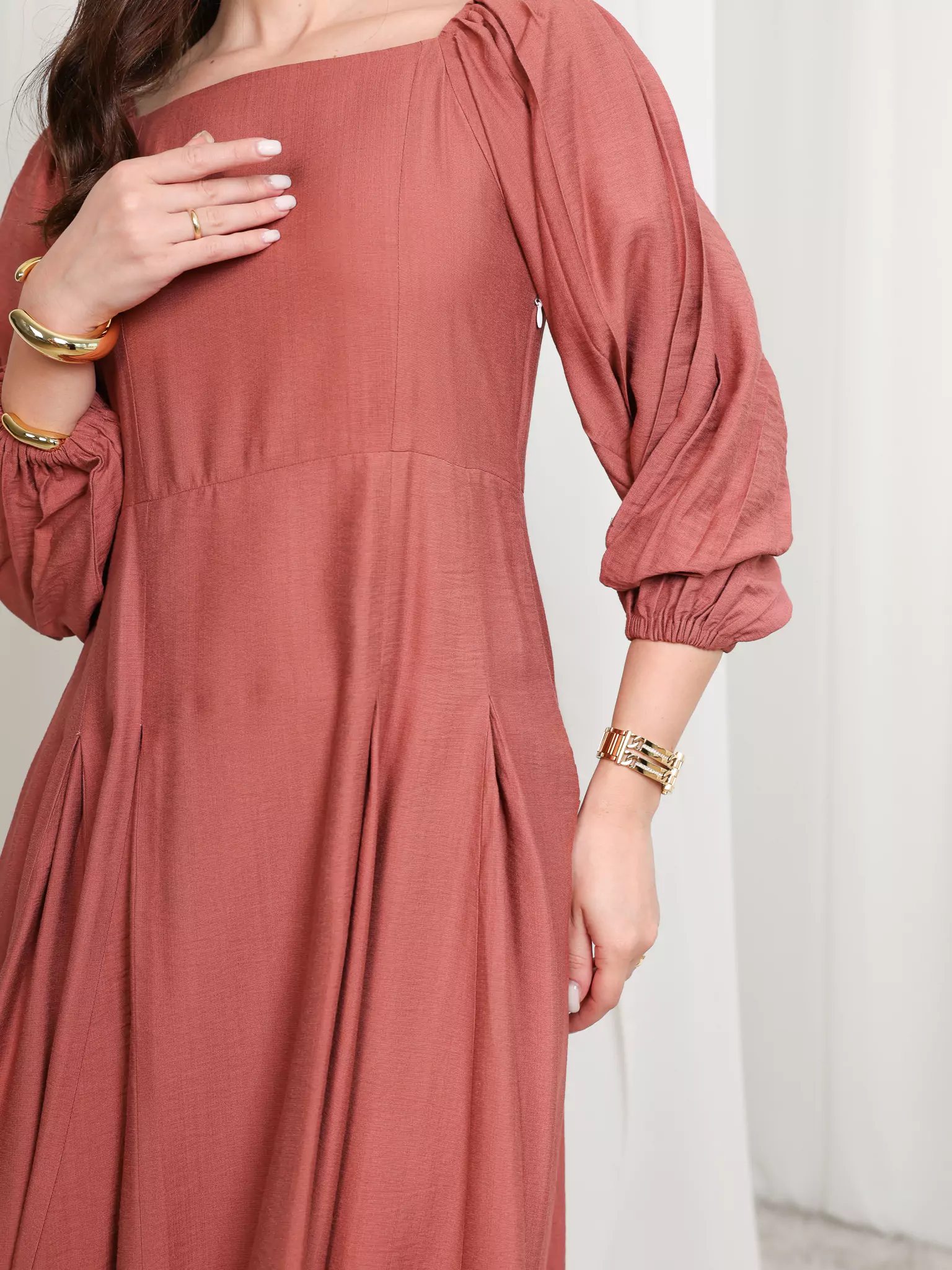 Rustic Ruby Box Pleat Long Dress - Image 8