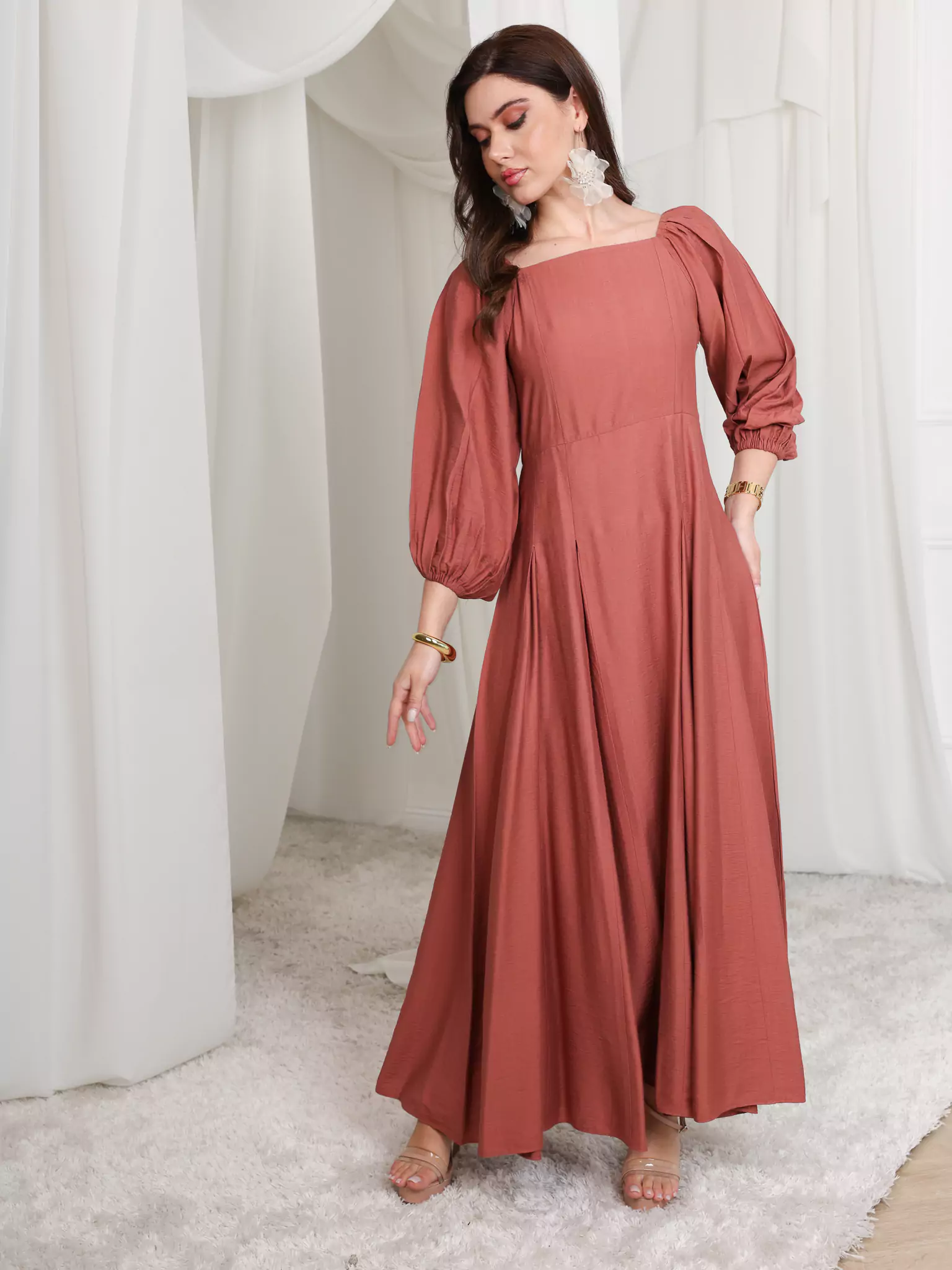 Rustic Ruby Box Pleat Long Dress - Image 9
