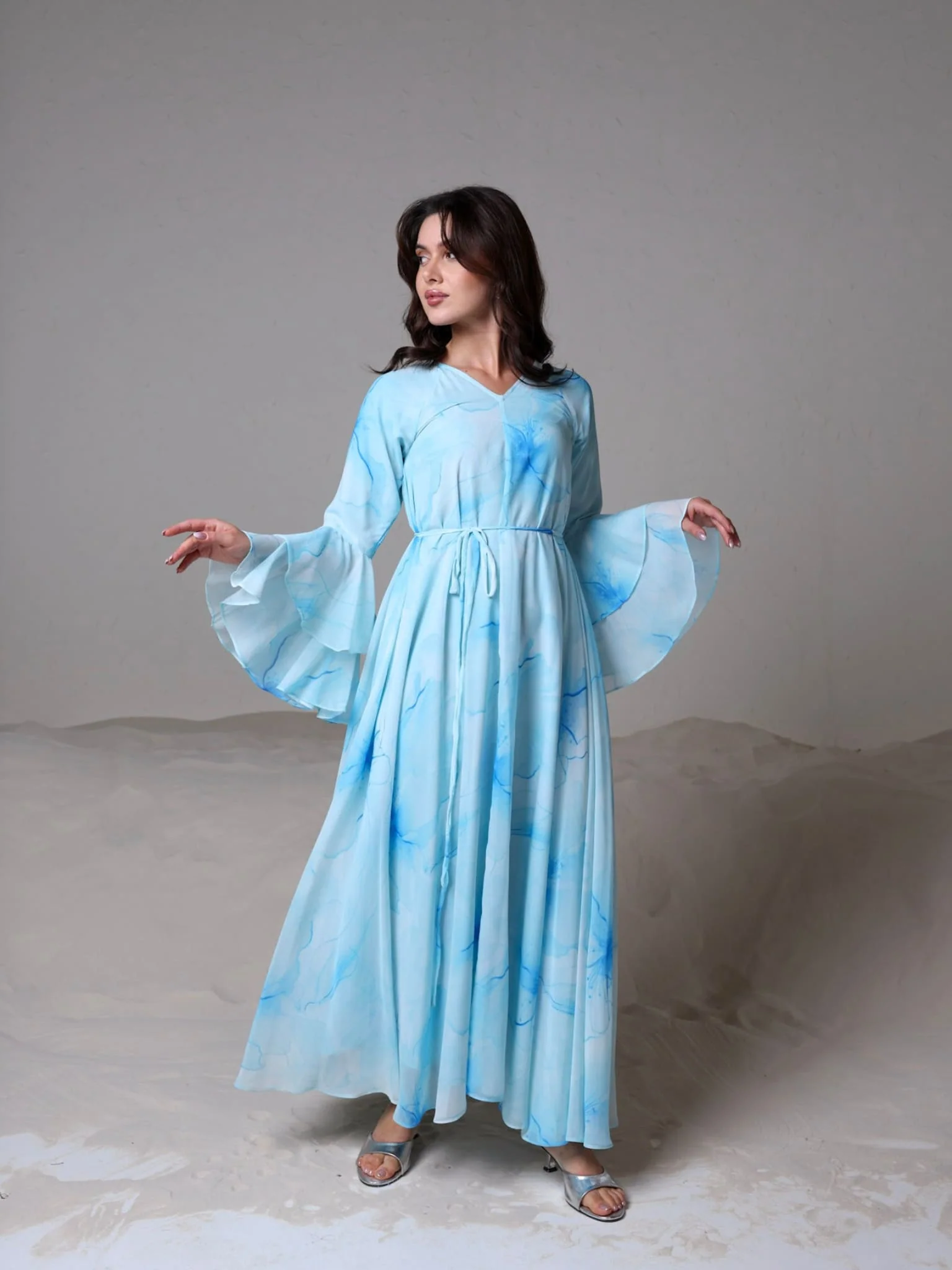 Sakura Mist Blue Floral Long Dress - Image 7