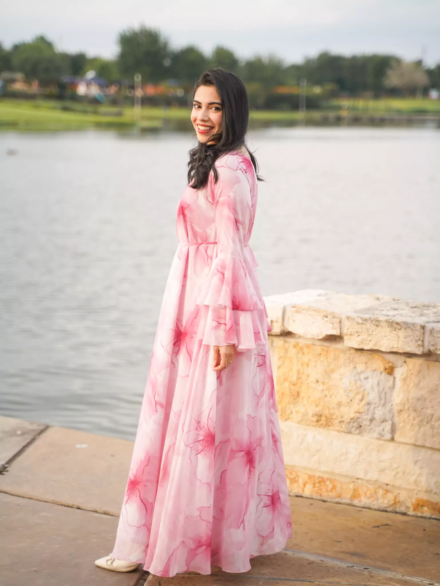 Sakura Mist Pink Floral Long Dress - Image 6