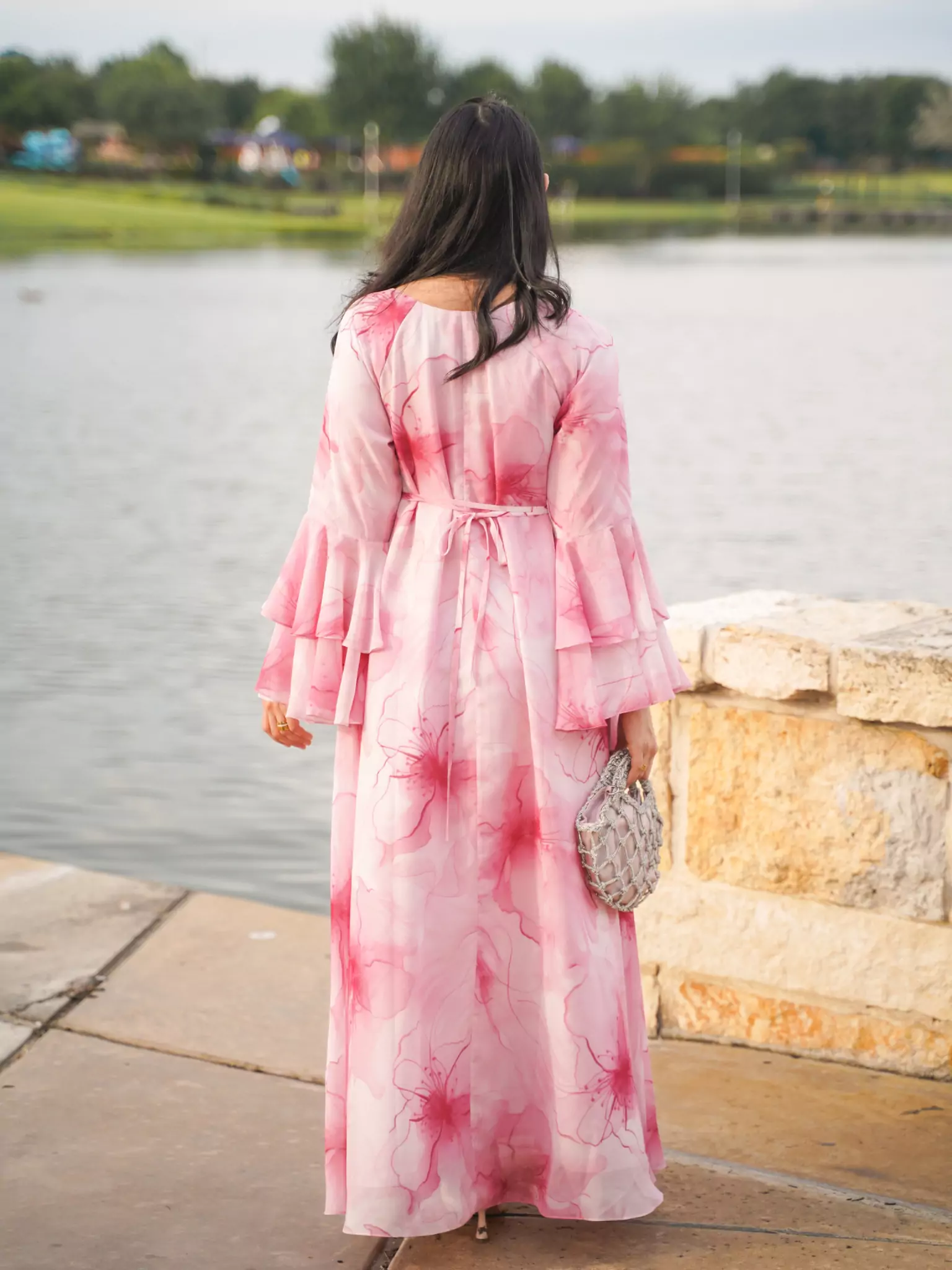 Sakura Mist Pink Floral Long Dress - Image 8
