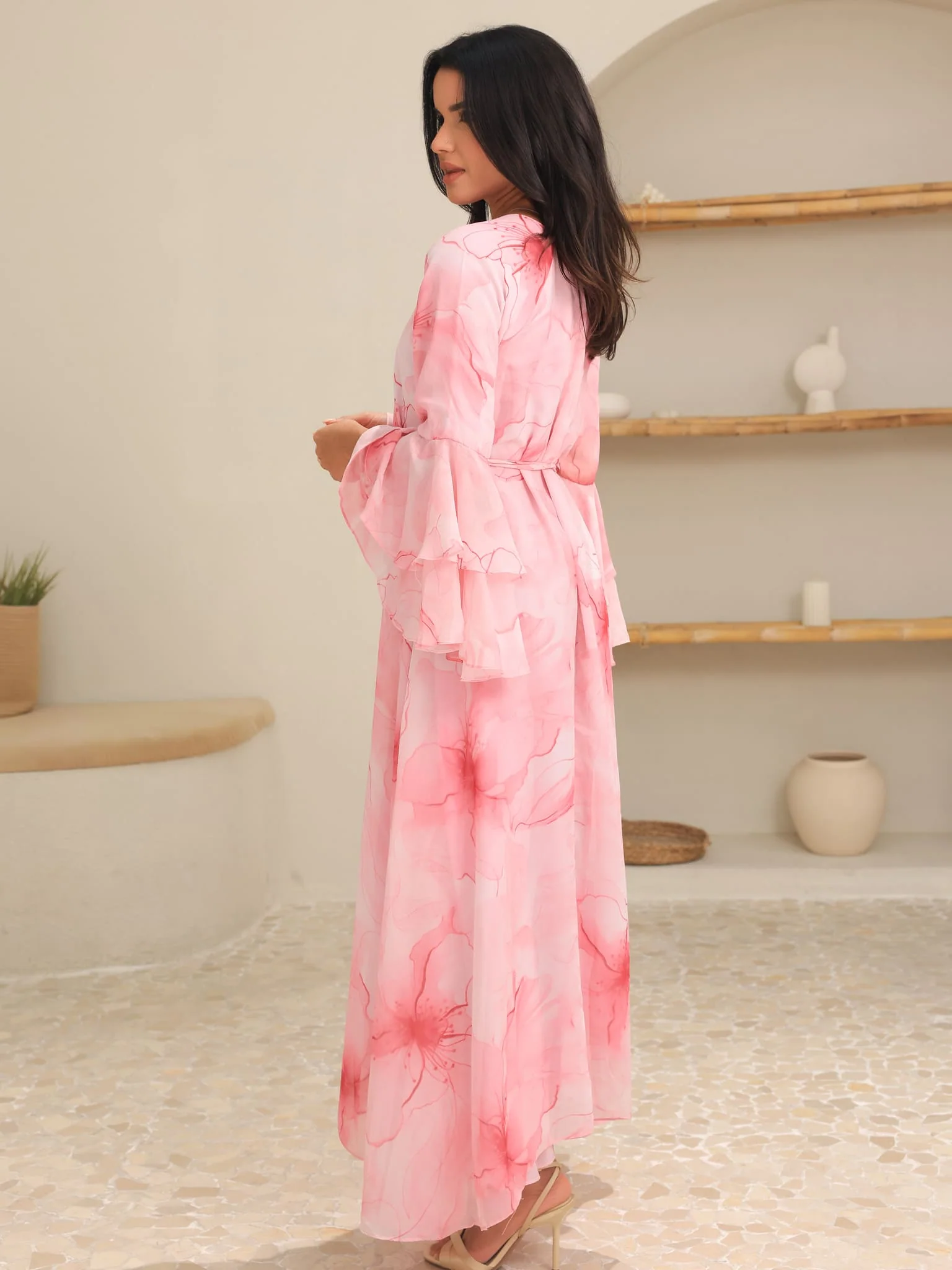 Sakura Mist Pink Floral Long Dress - Image 9