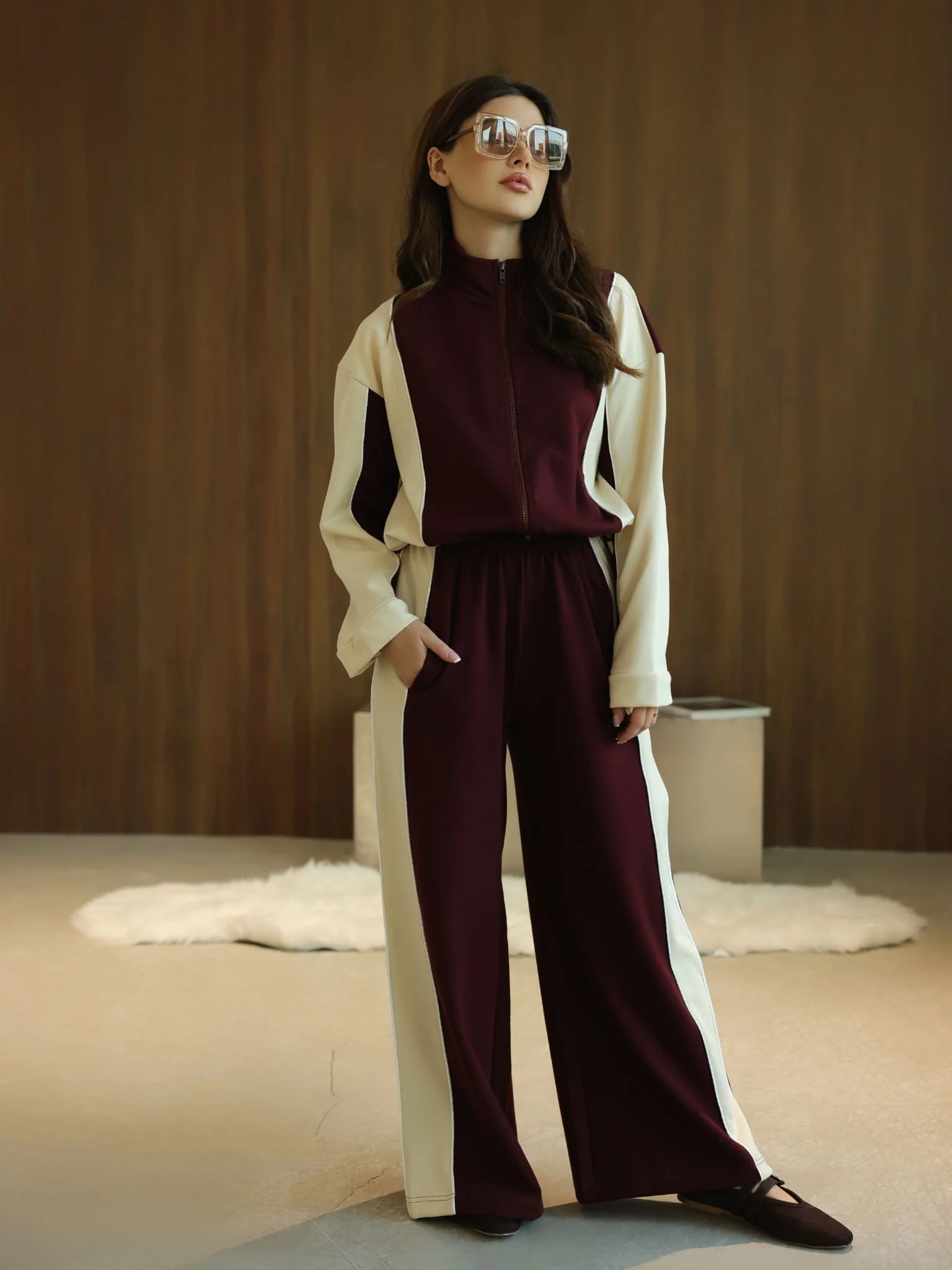 Signora Maroon And Cream Softstreme Pull Over Sweat Shirt