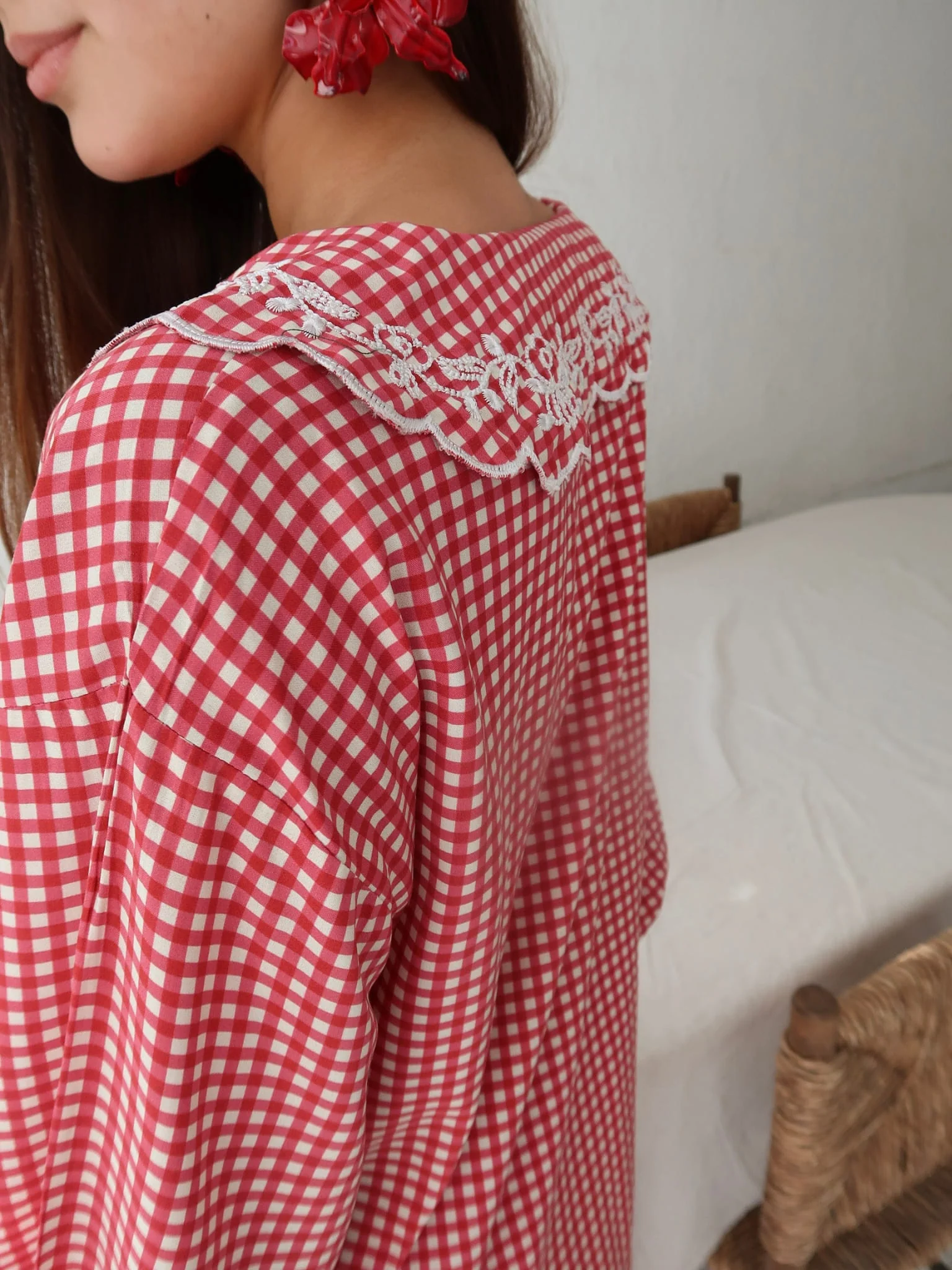 Snuzelle Red Embroidered Gingham Lounge Shirt - Image 4
