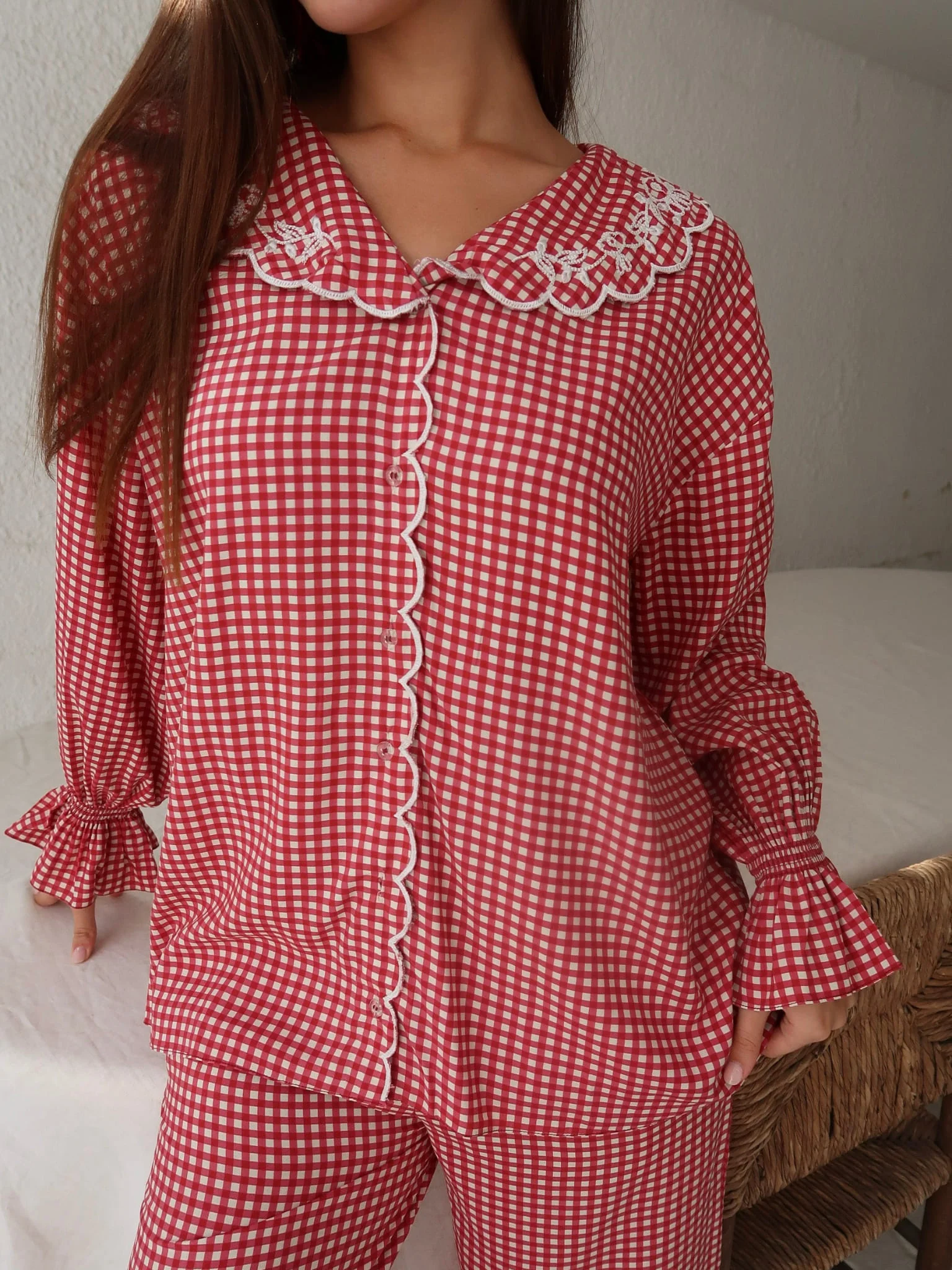 Snuzelle Red Embroidered Gingham Lounge Shirt - Image 5