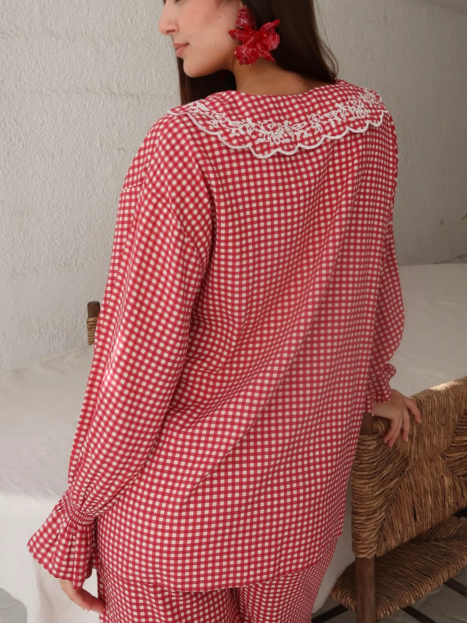 Snuzelle Red Embroidered Gingham Lounge Shirt - Image 9
