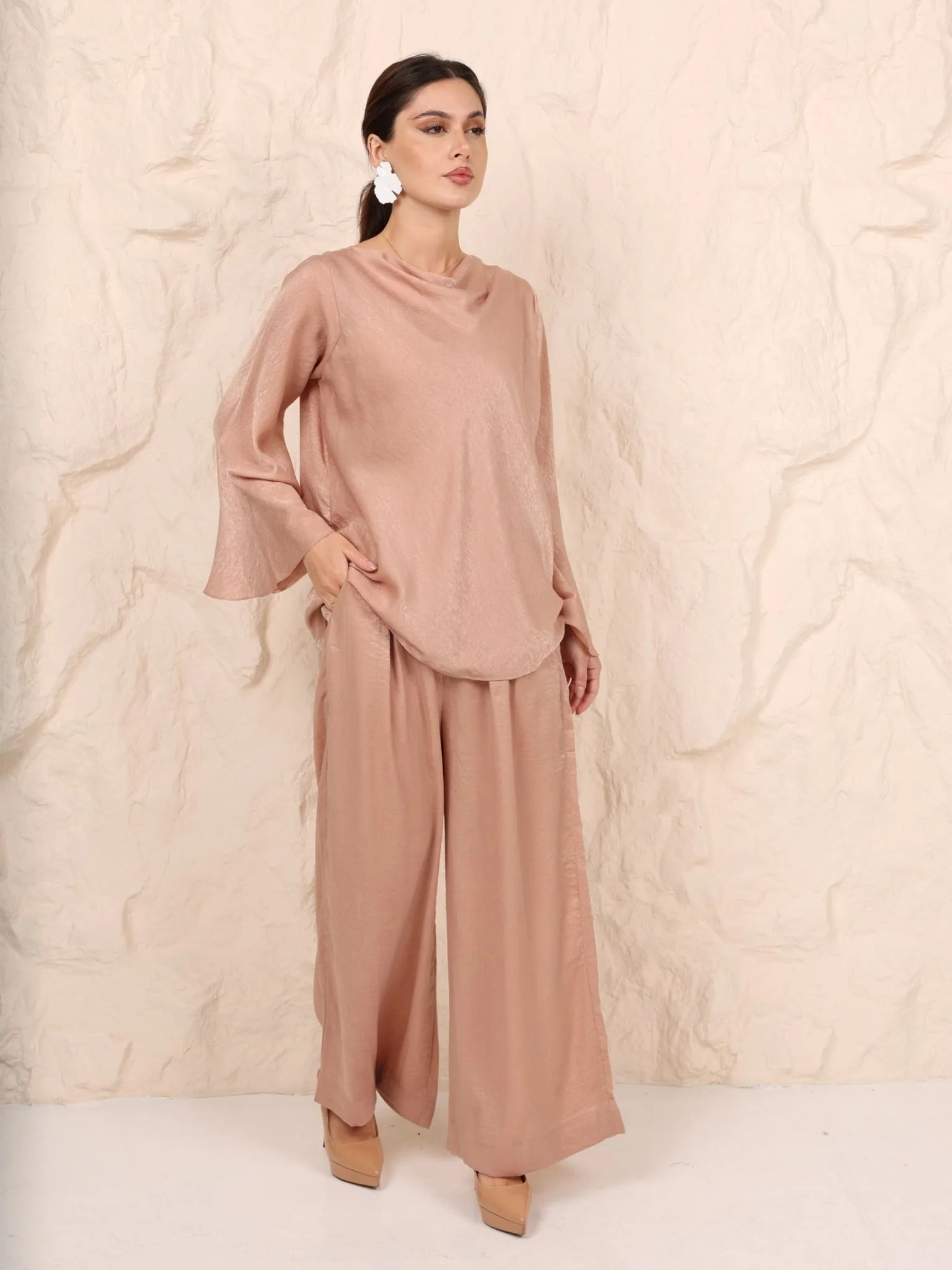 Stephanie Beige Cowl Soft Silk Pants - Image 5