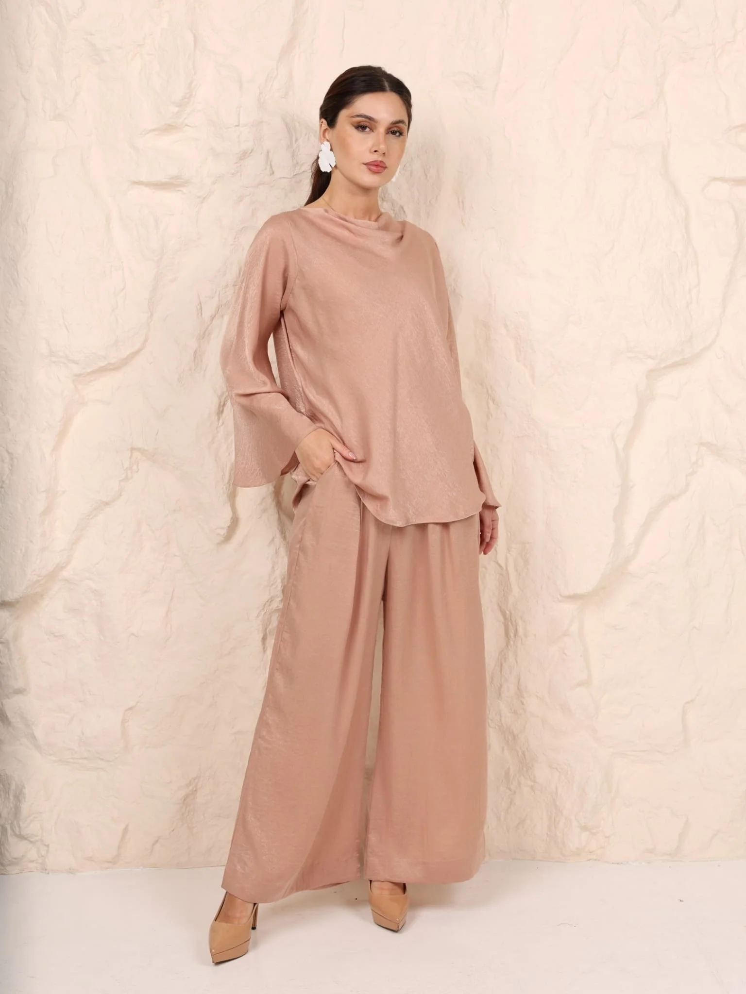 Stephanie Beige Cowl Soft Silk Shirt - Image 2