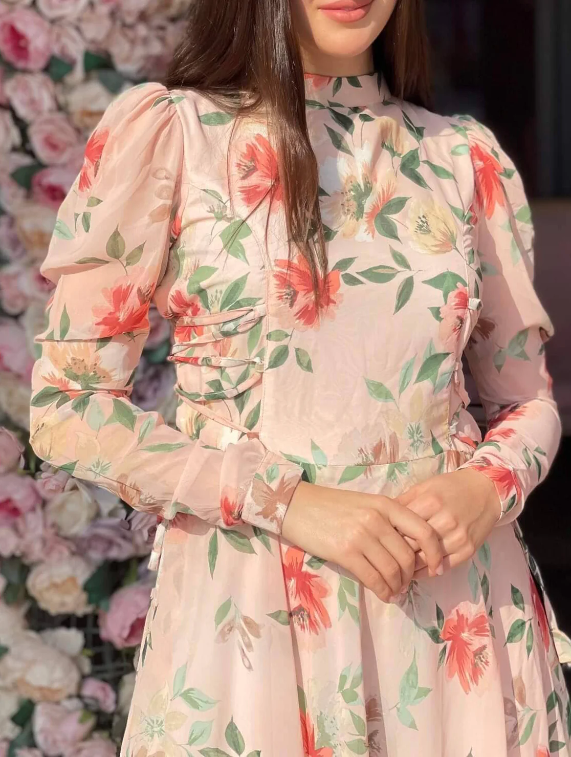 Victoria - Peach Floral Maxi Dress with Long Sleeves - Image 5