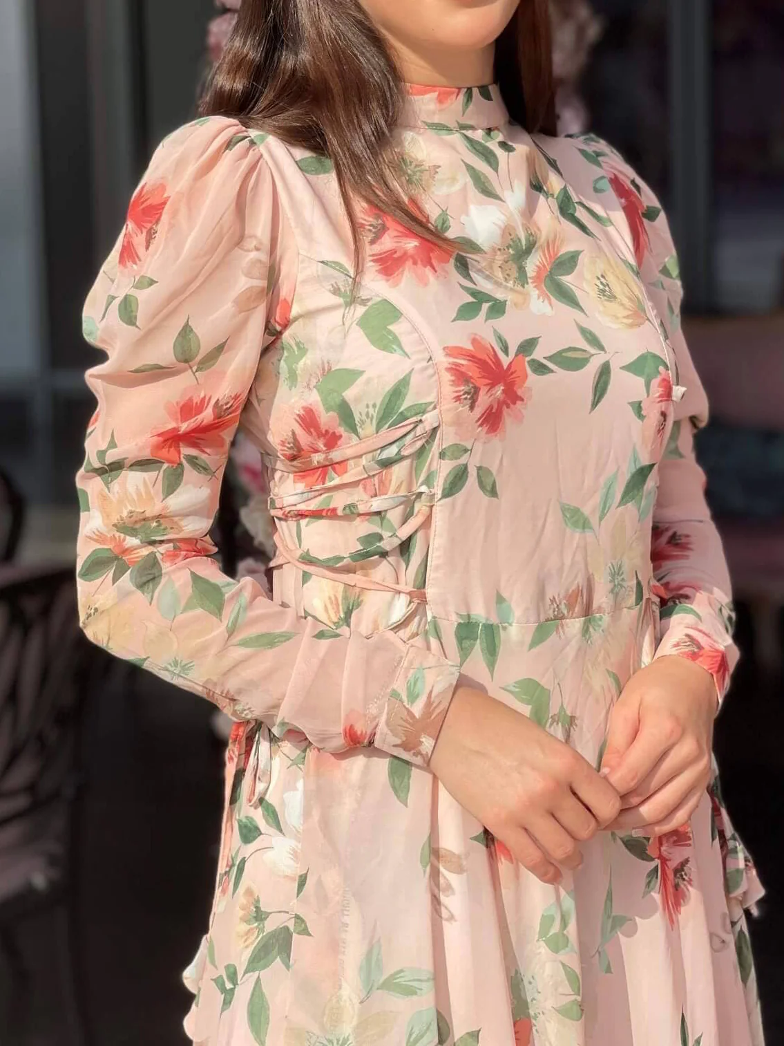Victoria - Peach Floral Maxi Dress with Long Sleeves - Image 8