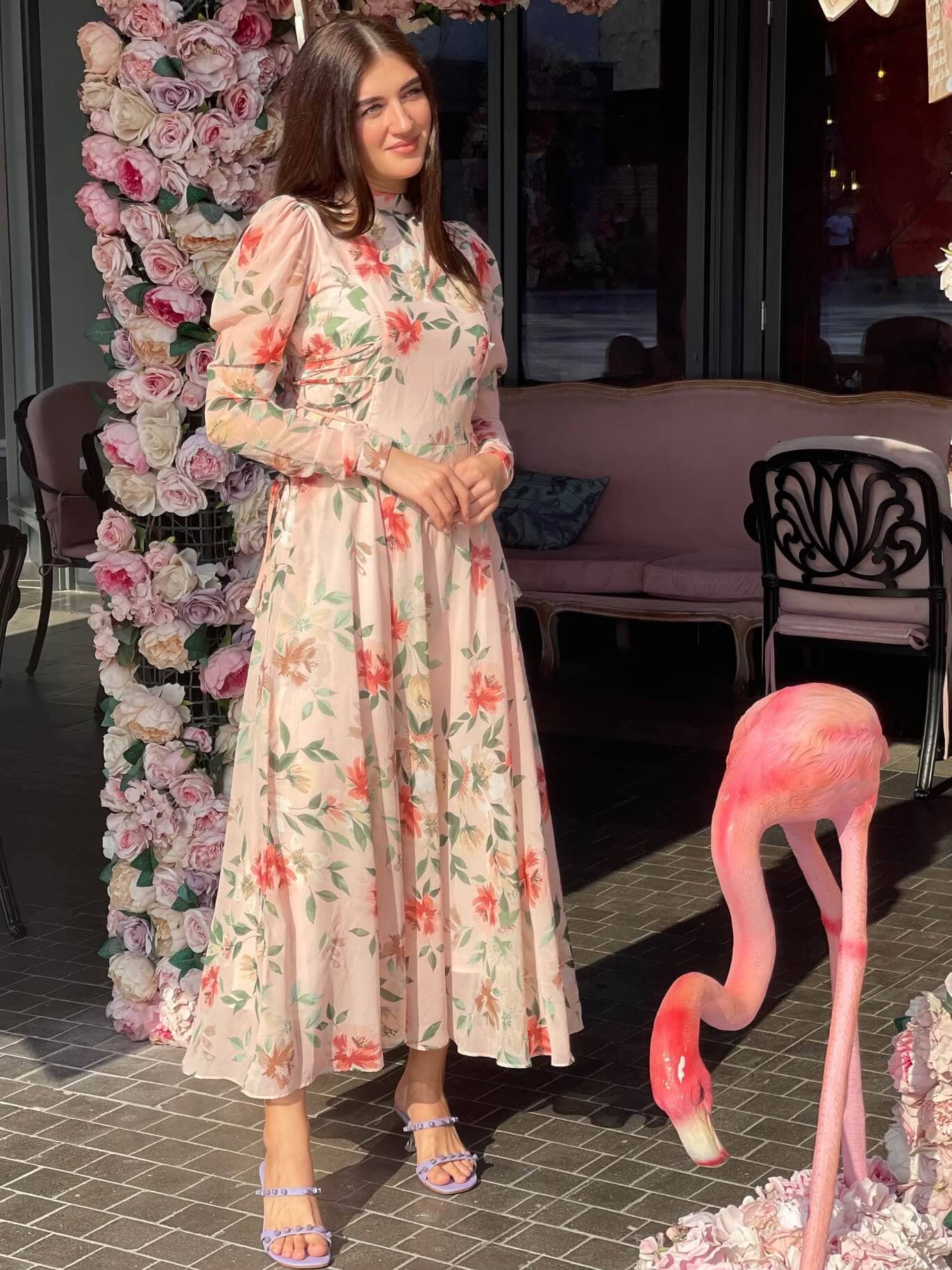 Victoria - Peach Floral Maxi Dress with Long Sleeves - Image 9