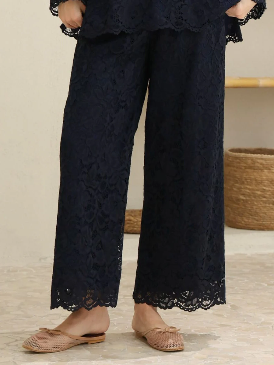 Winika Navy Blue Floral Net Pants - Image 2