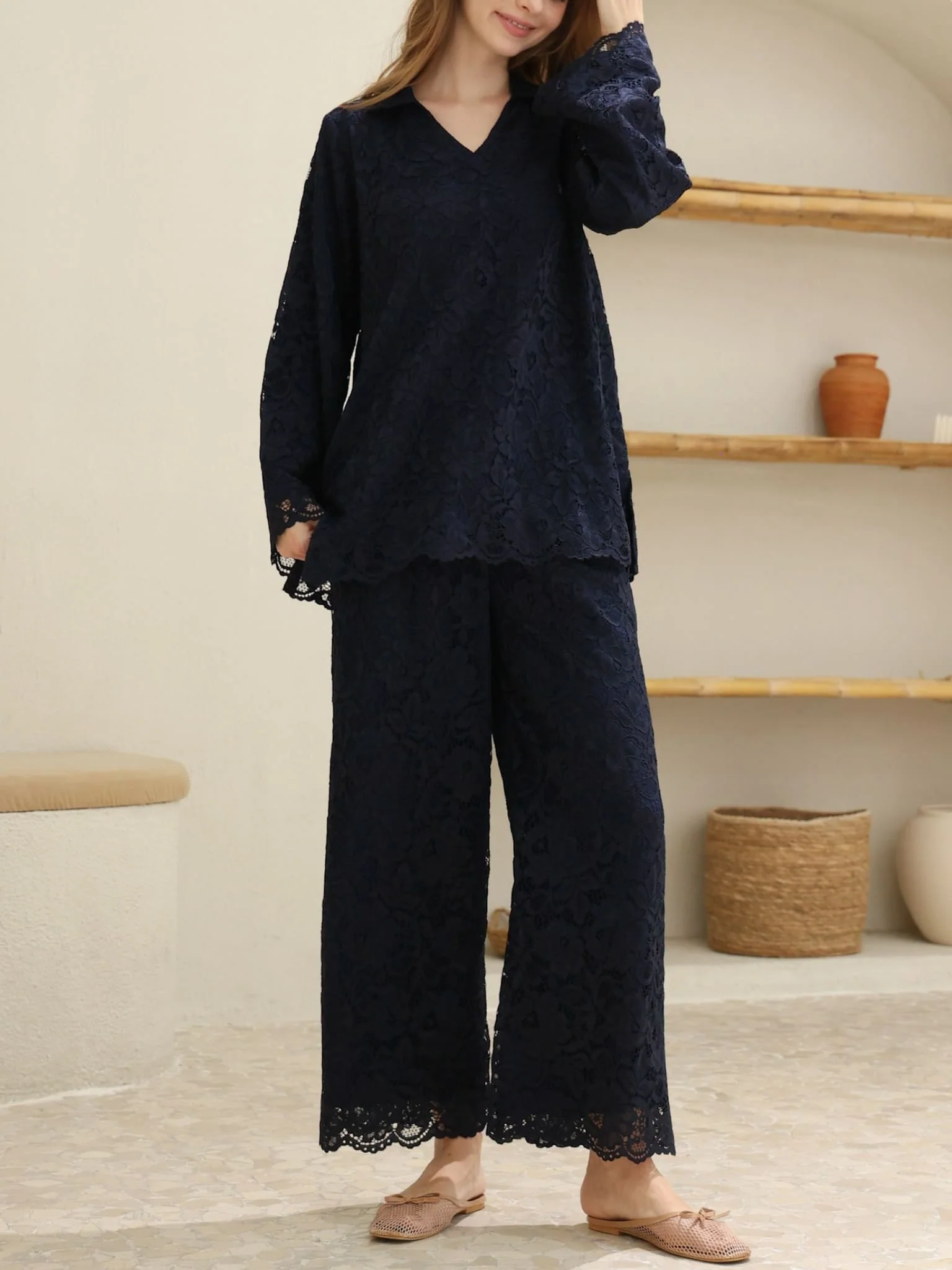 Winika Navy Blue Floral Net Pants - Image 4