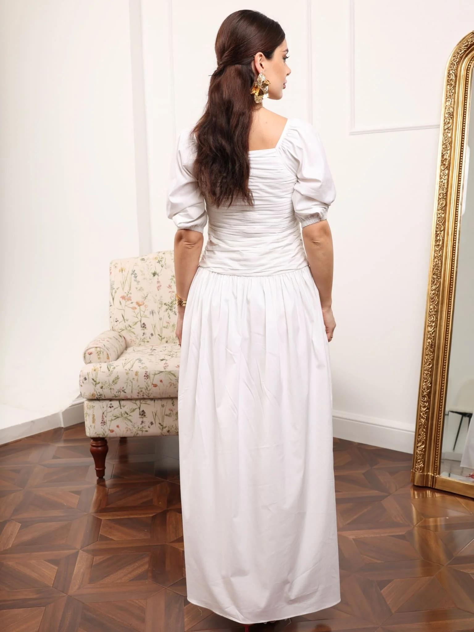 Winnie White Cotton Poplin Gathered Dress - Image 3