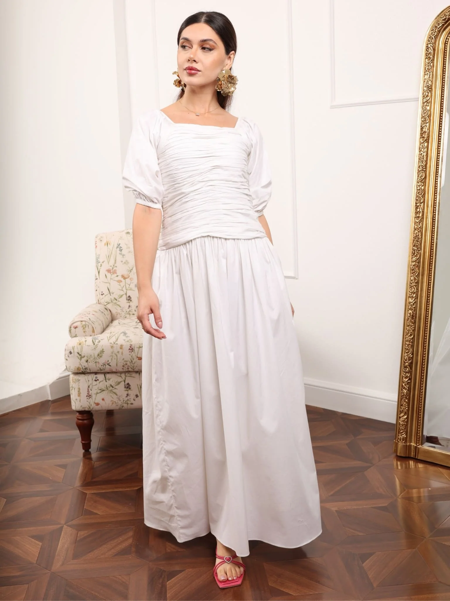 Winnie White Cotton Poplin Gathered Dress - Image 7
