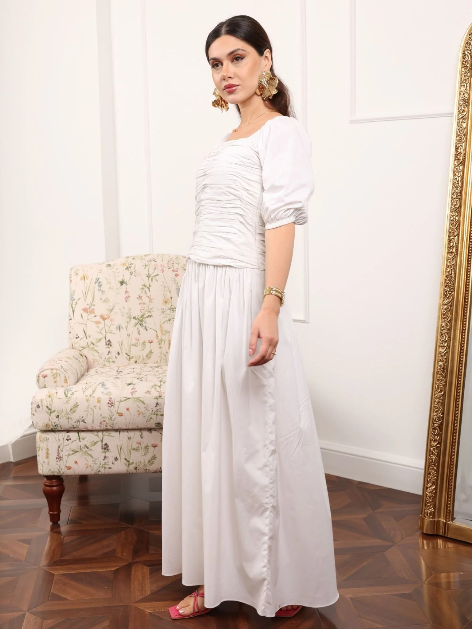 Winnie White Cotton Poplin Gathered Dress - Image 9