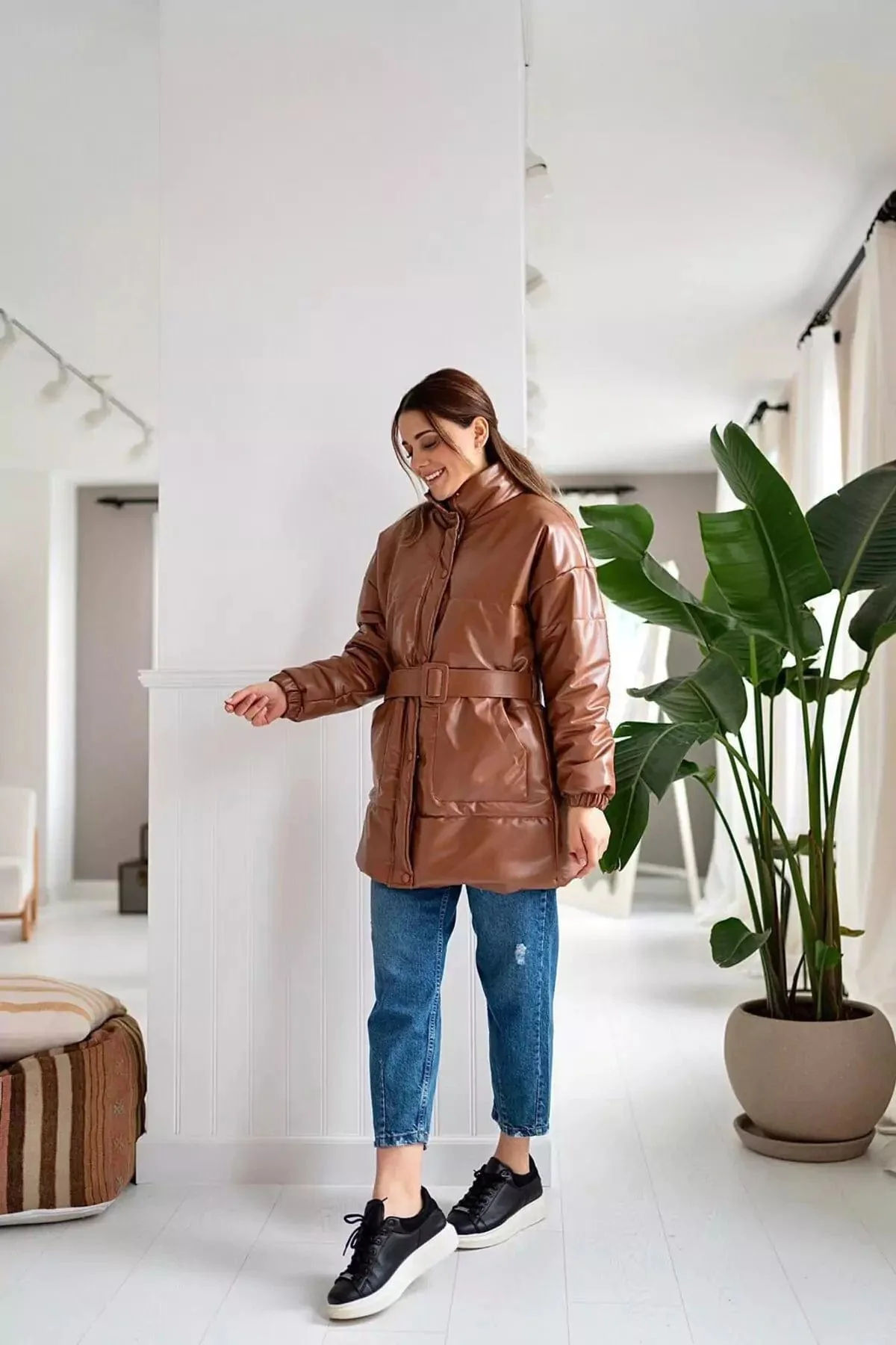 Woman Brown Leather Puffer Jacket with Belt - Image 3