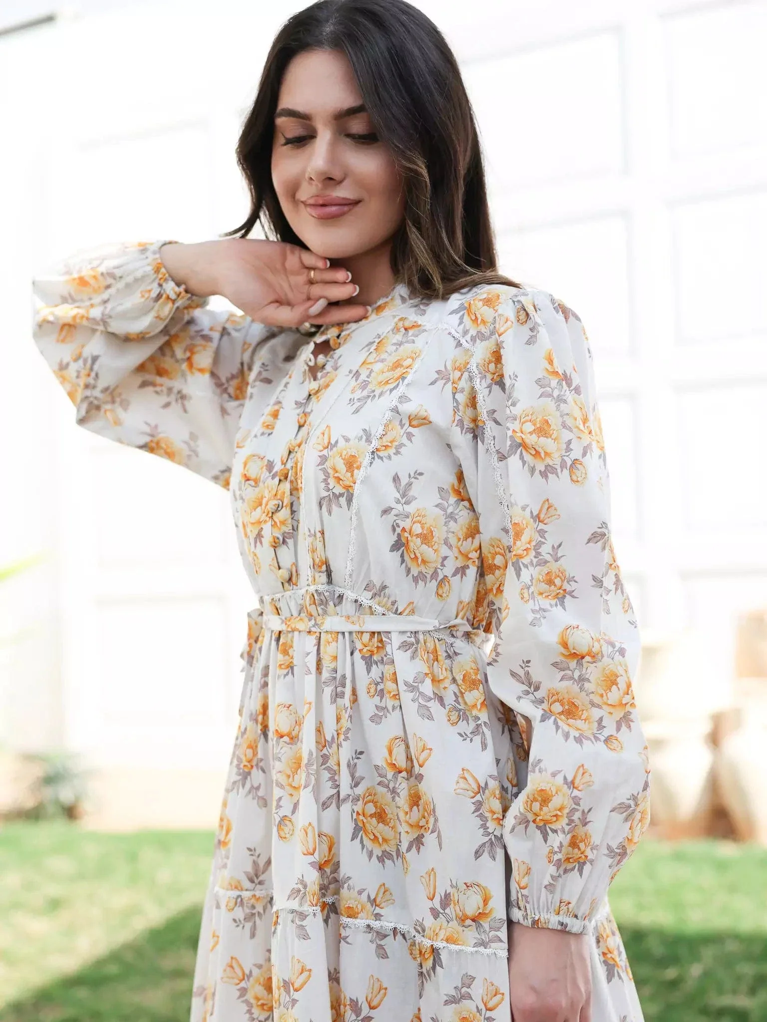 Yellow Peony Long Floral Dress - Image 6